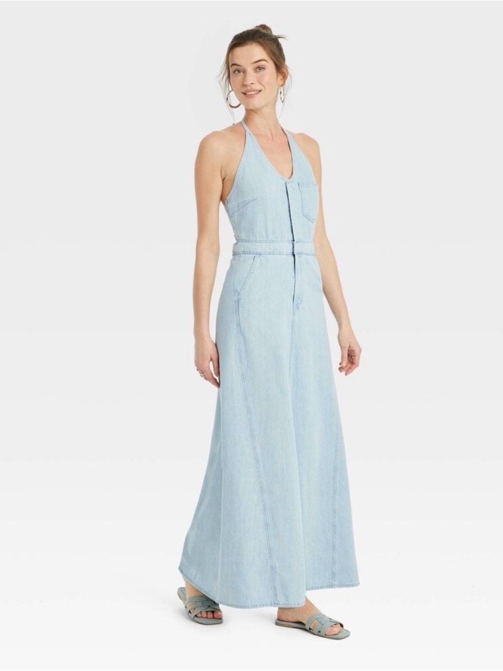 Light Wash Chambray Halter Maxi Dress